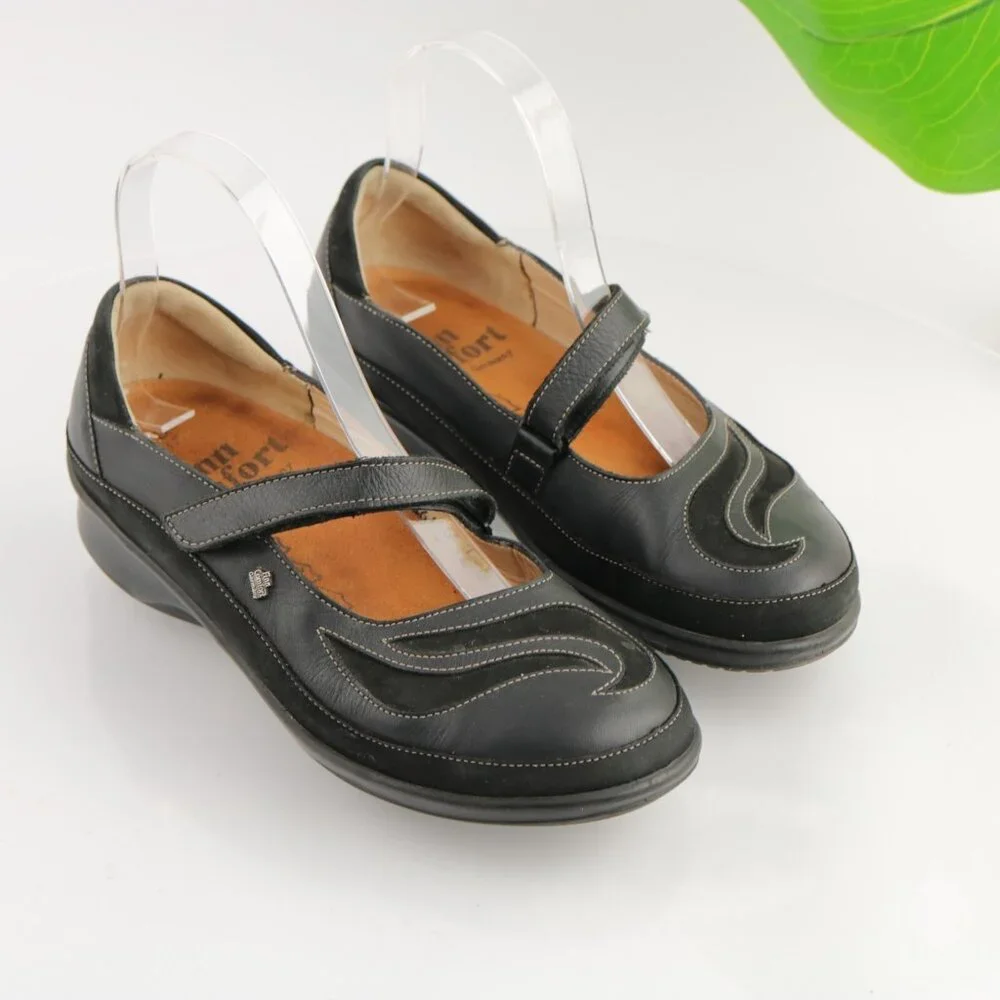 Finn Comfort Womens Glendale Mary Jane Shoe Size 37 6 Black Leather Flats Loafer